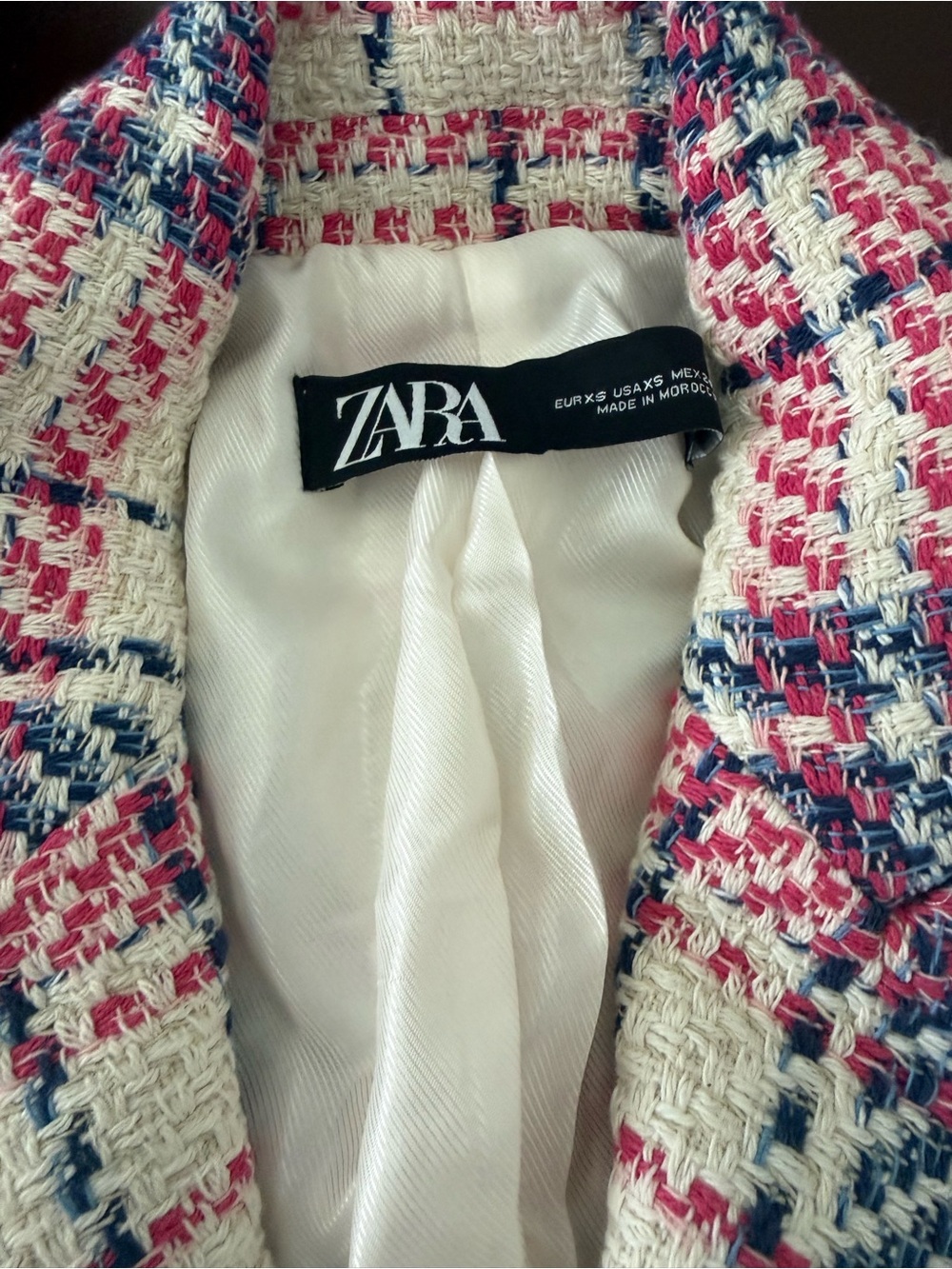 Zara Cream, Pink & Blue Tweed Blazer